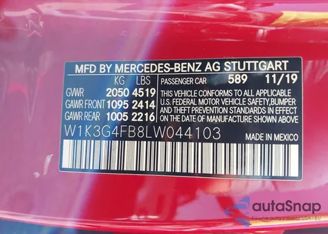 2020 Mercedes-Benz A 220 4Matic из США, поврежденный, VIN W1K3G4FB8LW044103